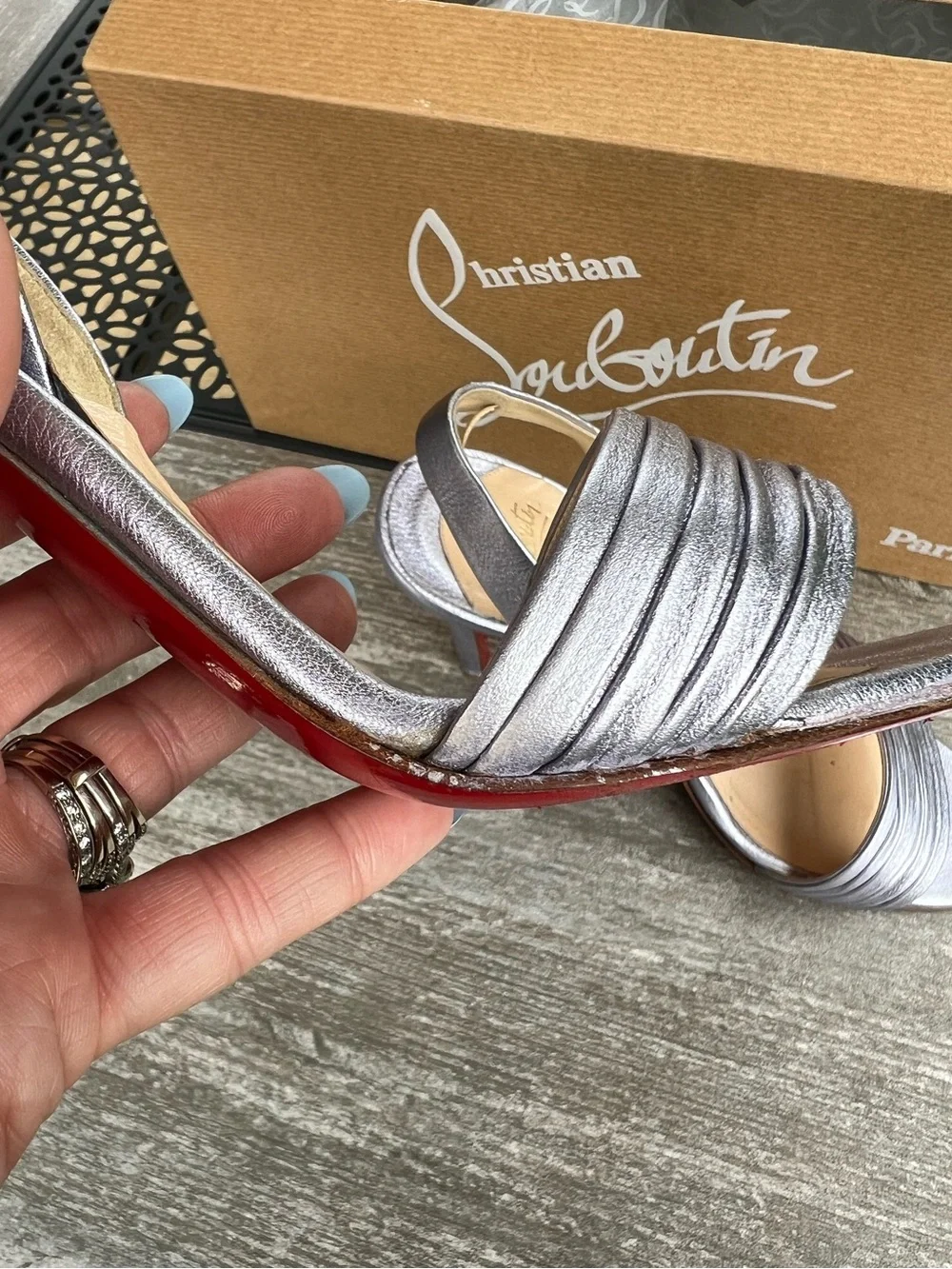 Christian Louboutin Marie Pli100 Silver Metallic Calf Laminato Leather Slingback